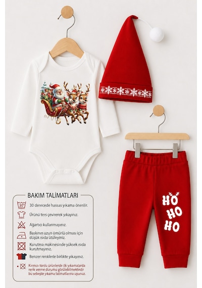 Babyden's Bebek Yılbaşı Noel Kıyafeti 3 Lü Takım,noel Baskılı Uzun Kollu Body ,kırmızı Pantolon,ponponlu Şapka Unisex Kırmızı - Beyaz