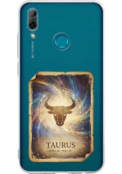 Huawei P Smart 2019 İle Uyumlu Burç Kartları Boğa Tasarımlı Şeffaf Silikon Kılıf Şeffaf