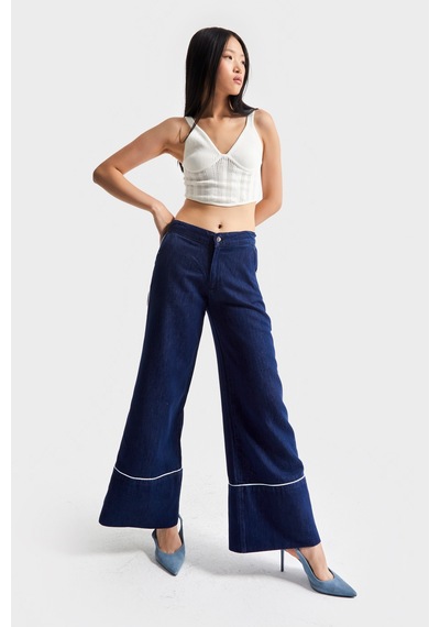 Itsbasic Kadın Lacivert Renk 7w5-50/1 Wide Leg Fit Şerit Detaylı Tasarım Denim Jean