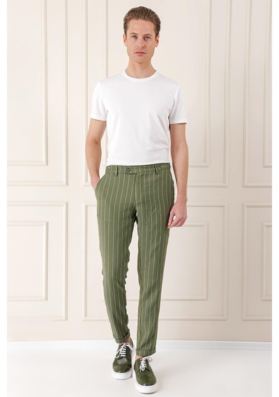 Efor Comfort Fit Yandan Tokalı Çizgili Keten Casual Haki Pantolon P 1151 Haki