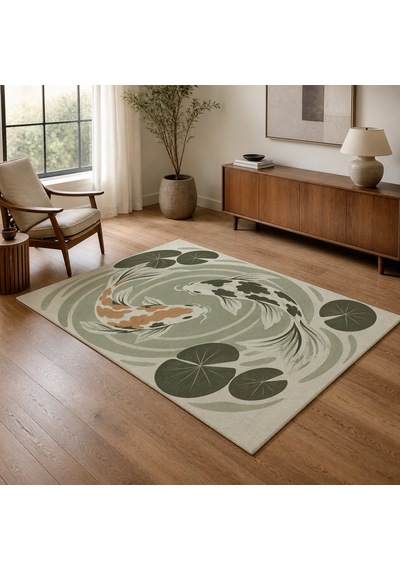 Kartela Halı Koi Balığı Desenli Halı Adaçayı Yeşili Kaymaz Taban Makinede Yıkanabilir 120x180 Cm