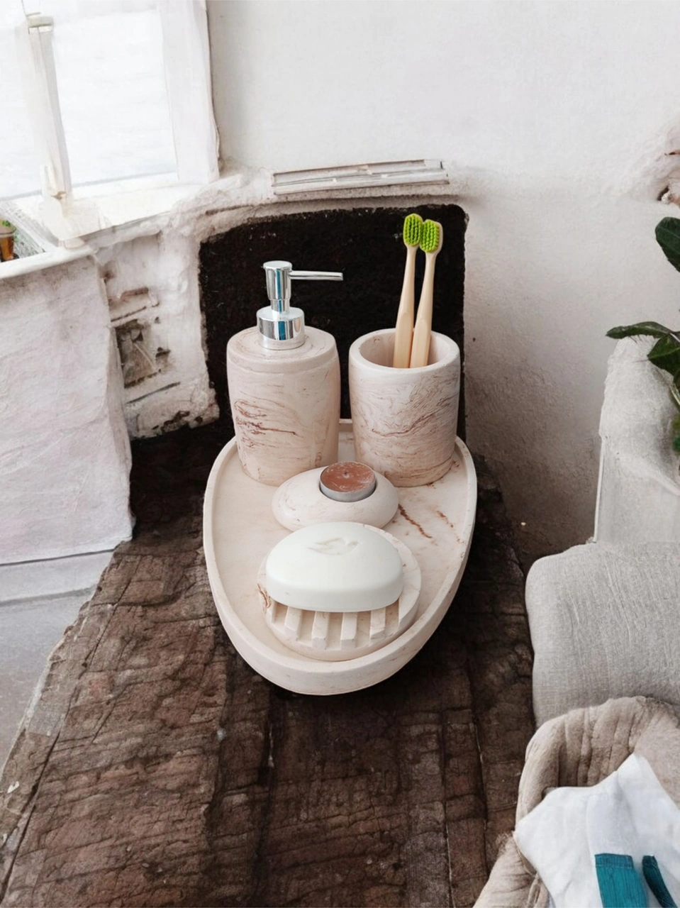 5'li Mermer Desenli Beton Banyo Seti ,sabunluk,diş Fırçalığı,tepsi,mumluk,havluluk, Aksesuar Bej