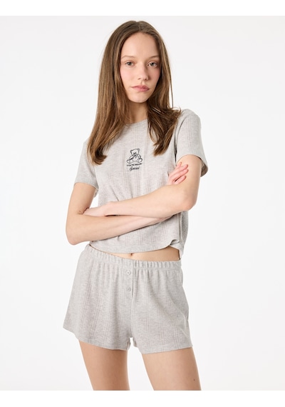 Koton Kısa Kollu Bisiklet Yaka Ayıcık Detaylı Şortlu Pijama Takımı Gri Melanj 6slk40143mk Koton Kısa Kollu Bisiklet Yaka Ayıcık Detaylı Şortlu Pijama Takımı Gri Melanj 6slk40143mk
