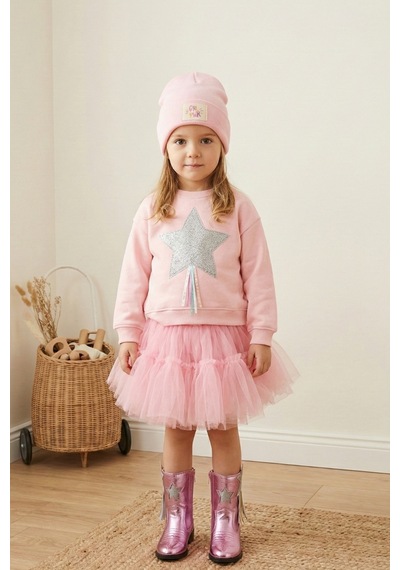 Le Mabelle Pembe Yıldız Nakışlı Kurdele Detaylı Uzun Kollu Kız Çocuk Sweatshirt Pembe