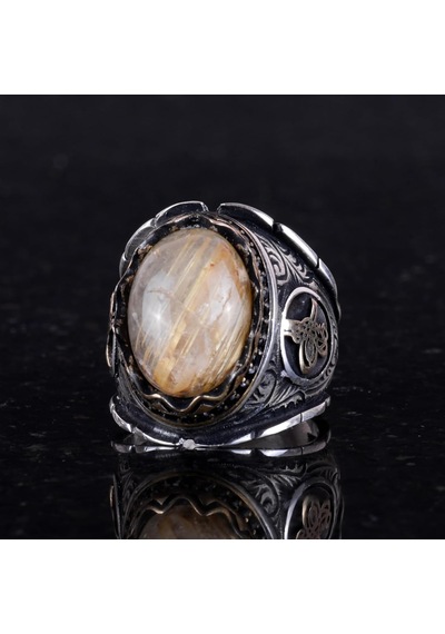 Cabochon Doğal Altın Rutilat Kuvars Taş Yüzük, Mistik 925 Ayar Saf Gümüş Erkek Yüzüğü, Osmanlı Tuğra Yüzüğü Gümüş