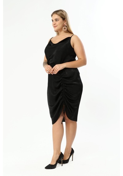 Myline Saten Degaje Yaka Drape Detaylı Elbise-1486 Siyah