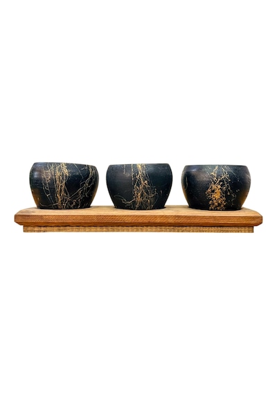 Bitki Tasarımı Black Marble Premium 3'lü Sukulent Kaktüs Saksı Seti Ahşap Standlı Dekoratif Saksılık 0.9 L