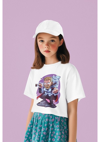 Sevbano Tasarım Thor Baskılı Unisex Yenilmezler Film Çocuk Tişört 1-12 Y Beyaz
