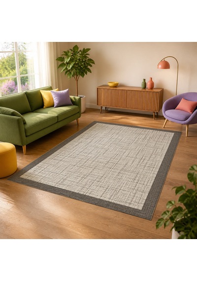 Kartela Halı Jüt Görünümlü Kalın Çerçeveli Halı Açık Gri Kaymaz Taban Makinede Yıkanabilir 60x90 Cm