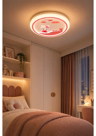 Kumandalı 3 Renk Hello Kitty Desen Ledli Plafonyer Tavan Avizesi 50 Cm 48w Kız Çocuk Odası Modelleri Beyaz