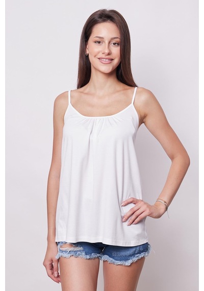 Jument Kadın Span Karışımlı Şık Kumaş İp Askılı Önü Büzgülü Ayar Askılı T-shirt Bluz-beyaz Beyaz
