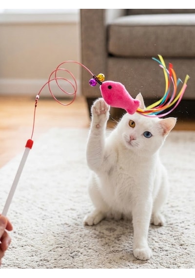 Mucit Home Balıklı Kedi Oyun Oltası Balıklı Kuyruklu Dikkat Çekici 90 Cm -eğlenceli Olta