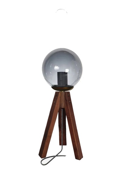 Modern Ahşap Ayaklı Cam Başlıklı Tripod Abajur Masa Lambası Mavi