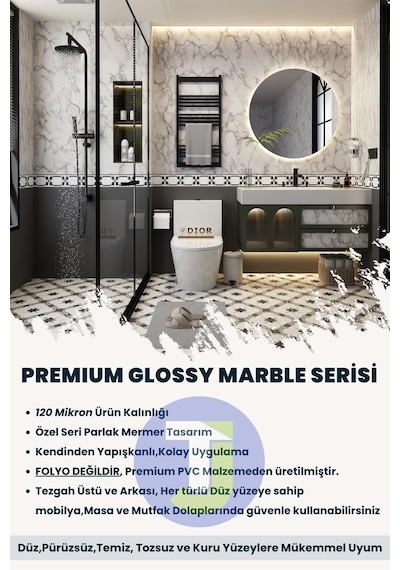 Technojet Kendinden Yapışkanlı Mermer Desen Folyo Mutfak Banyo Tezgah Duvar Kaplama 60cmx500cm Beyaz