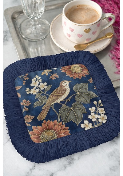 Lüks Kuş Çiçek Motifli Saçaklı Sunum Peçetesi - Vintage Rustik Lacivert Bardak Altlığı Mendil Çok Renkli