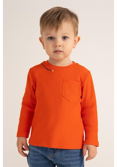 Luess Unisex Çocuk Happiness Nakışlı Cepli Fitilli Kaşkorse Tişört Turuncu