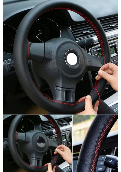 Citroen C-elysee Uyumlu Direksiyon Kılıfı Dikmeli Siyah Deri / Kırmızı Dikişli