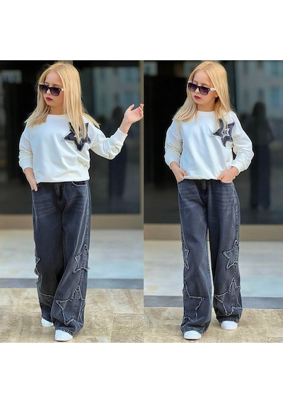 My Kids Wear Kız Çocuk 2 Li Sweatshirt & Kot Pantolon Takımı Yıldız Detaylı 12490 Antrasit