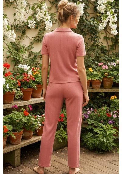 Siyah İnci Pointel Ajurlu/delikli Kısa Kollu Düğmeli Örme Pijama Takım26120536 Pudra