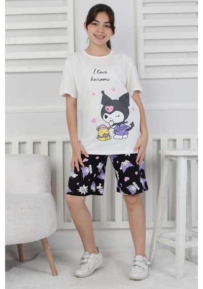I Love Kuromi Baskılı Kısa Kollu Şort Pijama Takımı Beyaz