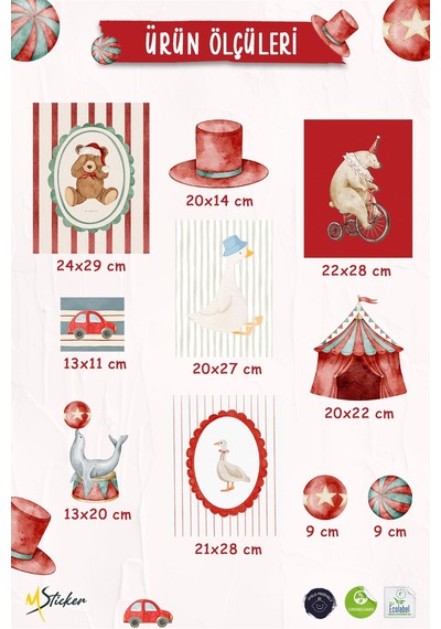 Vintage Sirk Temalı Poster Duvar Sticker Seti Bebek & Çocuk Odası Kendinden Yapışkanlı Sticker Çok Renkli