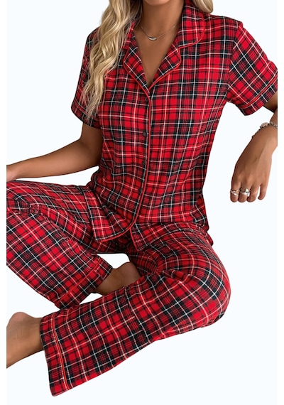 Düğme Kapanma Detaylı Kare Desenli Kadın Pijama Takımı Kirmizi Ekoseli