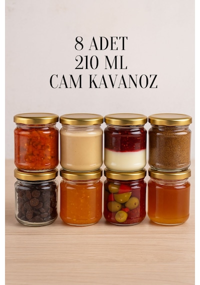 Rotanev Metal Gold Altın Konserve Kapaklı Mama Yoğurt Saklama 210 Cc Şeffaf Cam Kavanoz 8 Adet 210 ml