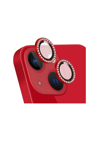 Apple Uyumlu iPhone 13 Mini ile Taşlı Tasarım Temperli Cam Kamera Lens Koruyucu - Kırmızı