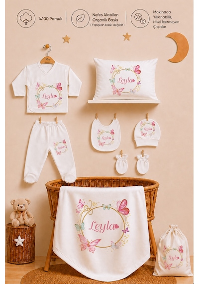 Pia Baby Kız Bebek Hastane Çıkışı Hediye Seti 8 Parça Zıbın Set %100 Pamuk Battaniye Yastık Ve Kese 1077zybk0x Krem