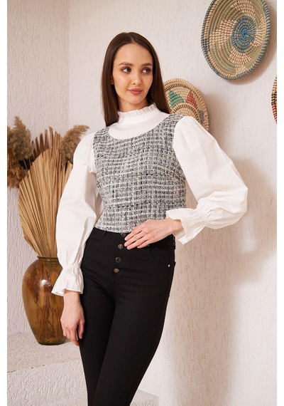 Darlin Moda Gri Tüvit Detaylı Uzun Kollu Bluz Dm9000 Gri