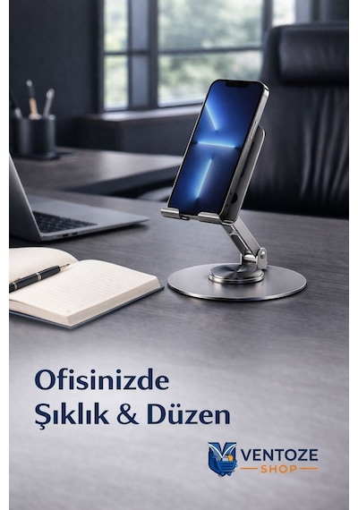 360 Dönebilir Alüminyum Masaüstü Telefon Tablet Standı Full Metal Katlanabilir Ergonomik Tutucu Koyu Metal