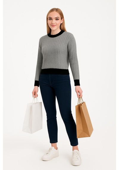 Hira Life Fashion Kadın Bisiklet Yaka Fitili Ve Şerit Detaylı Crop Triko Kısa Kazak Gri Gri