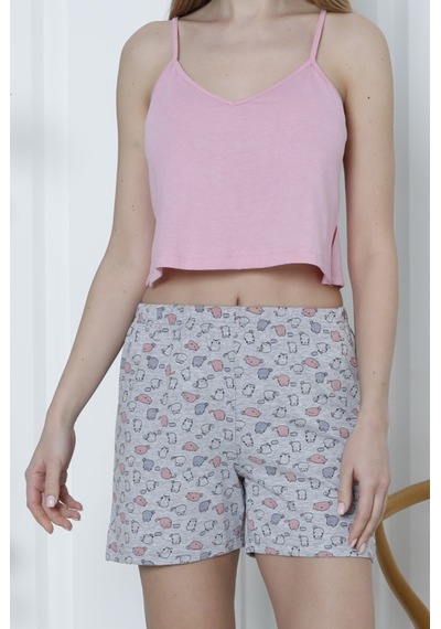 Nicoletta Kadın Şortlu Pijama Takımı İp Askılı Pamuklu Likralı Pembe Nıc1061 R16 Pembe