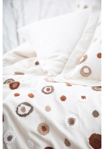 Ecocotton Lal Çift Kişilik Nevresim Takımı %100 Pamuk Keten Panç Nakışlı Bej 200x220 Cm-1527 Bej