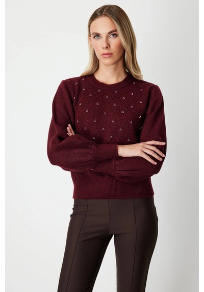 On Fashion Kadın İncili Baklava Desenli Bordo Kazak 63316 Bordo
