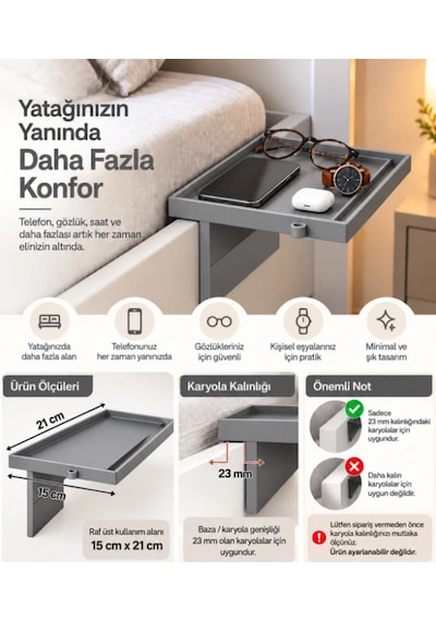 Yatak Yanı Pratik Raf Gri