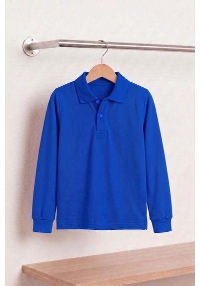 Nacar Store Unisex Çocuk Uzun Kollu Polo Yaka Lakost Okul Tişörtü Saks Mavi