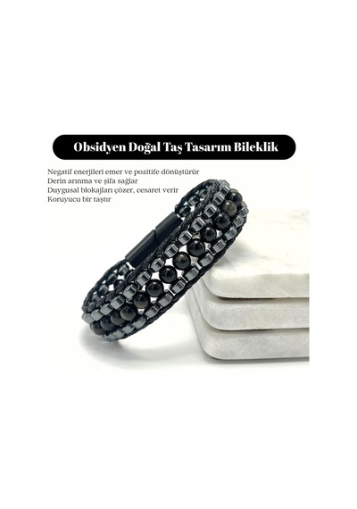 Sertifikalı Obsidyen Taşı Erkek Bileklik Çelik Kilitli, Doğal Taş Tasarım, Şık Ve Özgün Aksesuar Siyah