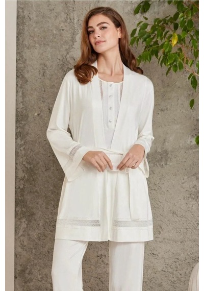 Pierre Cardin 2800 Kadın Ekru Dantelli Penye 3'lü Sabahlıklı Pijama Takım Ekru