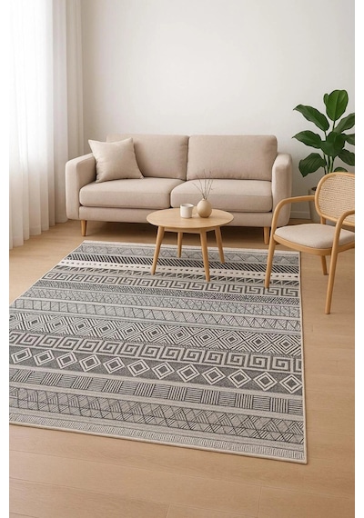 Gri Renk Etnik Desen Modern Halı Dekoratif Kilim