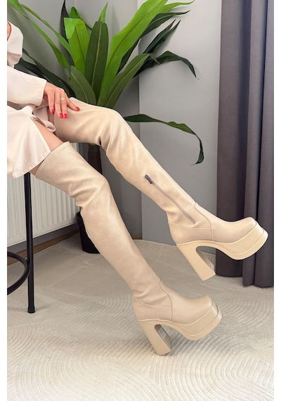 Preshley Kadın Lavin Bej Diz Üstü 12 Cm Platform Topuklu Çizme