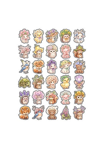 30 Adet Pastel Çiçekli Orman Hayvanları Sticker Seti - Laptop Defter Telefon Çok Renkli