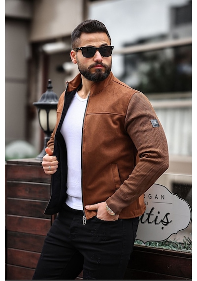 Premium Örme Triko Kol Dik Yaka Süet Ceket Triko Kahverengi