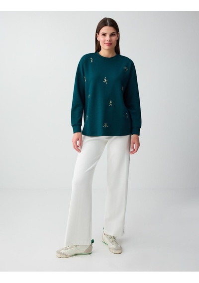 Jimmy Key Koyu Yeşil Bol Kesim Uzun Kollu Desenli Sweatshirt 6sw237193320
