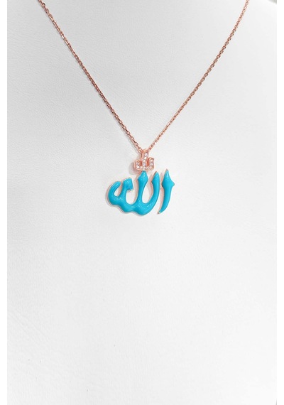 Turkuaz Mineli Arapça Allah Gümüş Kolye