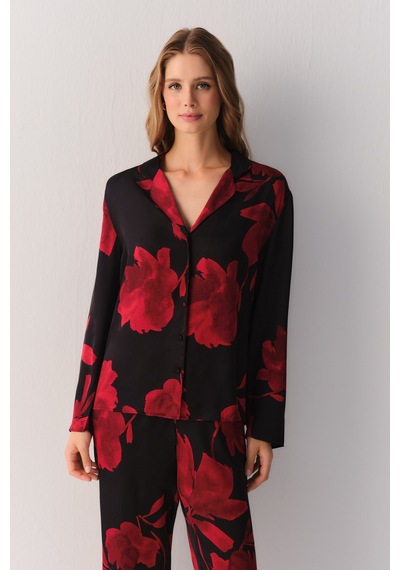 Suwen Seductive Satin Gömlek St60116281021 Gül Desenli