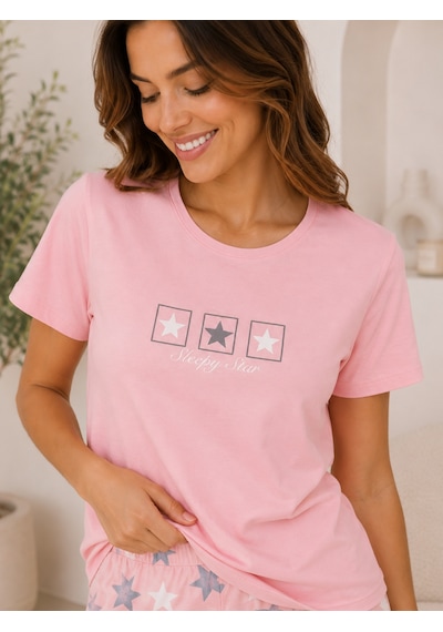 Wordex Mirano 4102 Yıldız Desenli Kısa Kollu Pamuklu Kadın Pijama Takımı Pembe