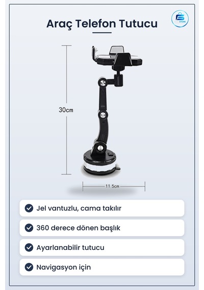 Araç İçi Telefon Tutucu Jel Vantuzlu Cama Takılabilen Güçlü Döner