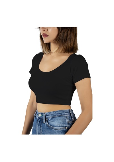 Terapi Men Siyah Havuz Yaka Fitted/vücuda Oturan Kısa Kol Crop Tişört Siyah