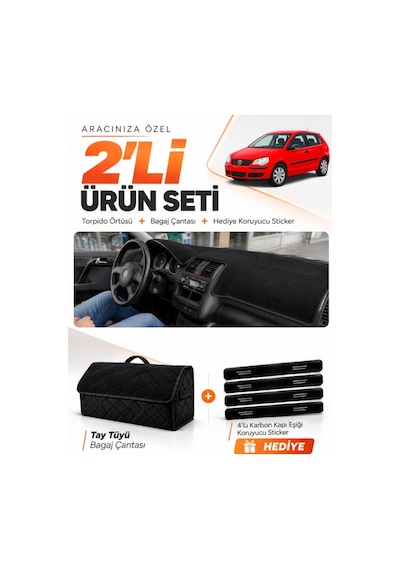Volkswagen Polo Dürbün 2001-2009 Uyumlu Torpido Örtüsü + Tay Tüyü Bagaj Çantası Seti - Siyah